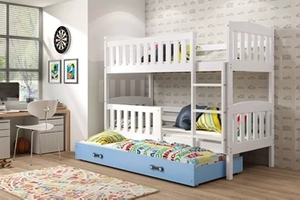 Etagenbett für drei Personen Jakob, 90x190, mit Matratze und Schublade, weiß/blau