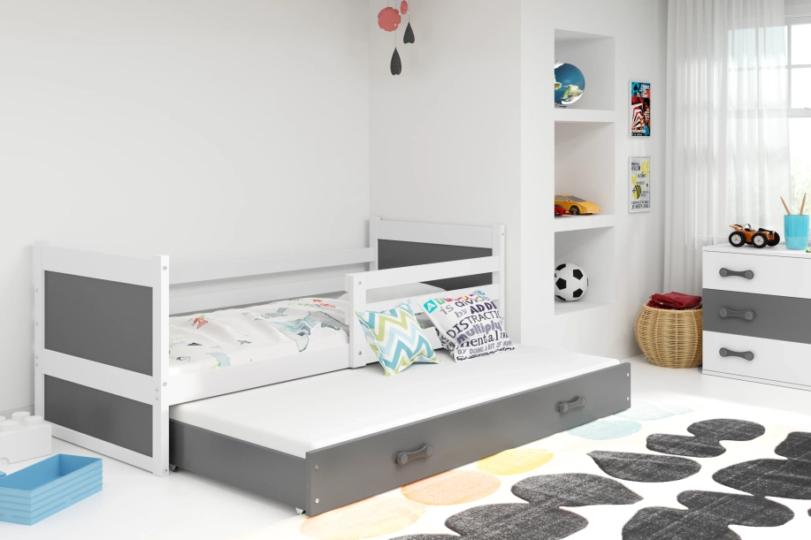Ausziehbett für Jugendliche Richard, 90x200, mit Matratze und Schublade, weiß/grau