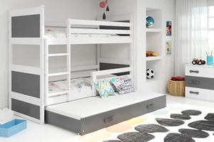 Etagenbett für drei Personen Richard, 90x200, mit Matratze und Schublade, weiß/grau