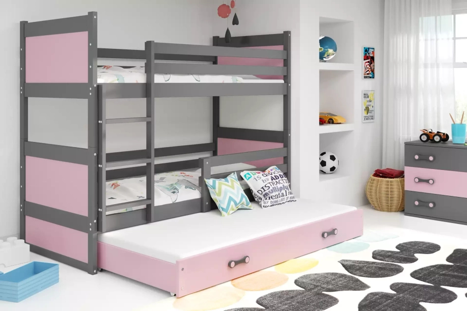 Etagenbett für drei Personen Richard, 90x190, mit Schublade, grau/rosa
