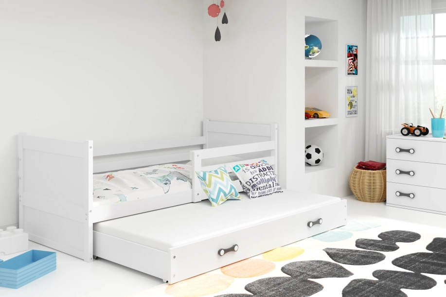 Ausziehbett für Jugendliche Richard, 90x200, mit Matratze und Schublade, weiß