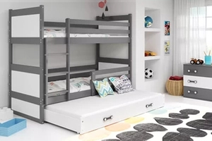 Etagenbett für drei Personen Richard, 90x200, mit Schublade, grau/weiß