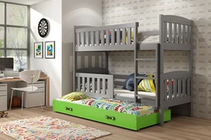 Etagenbett für drei Personen Jakob, 90x200, mit Matratze und Schublade, grau/grün