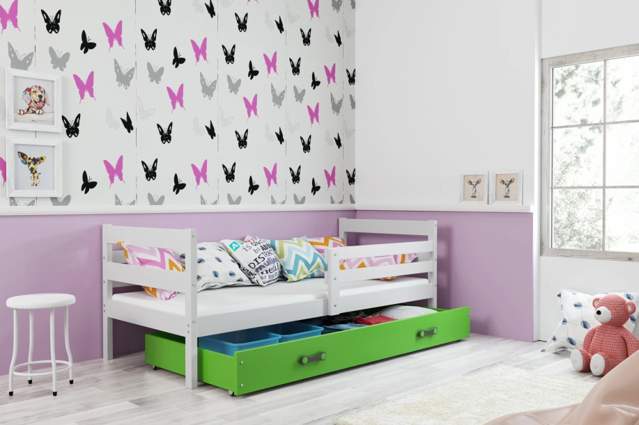Jugendbett Erik, 80x190, mit Matratze und Schublade, weiß/grün