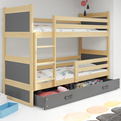 Stockbett für Jugendliche Richard, 90x200, mit Matratze und Schublade, Kiefer/grau