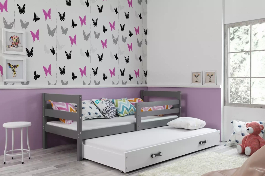 Ausziehbett für Jugendliche Erik, 90x190, mit Matratze und Schublade, grau/weiß
