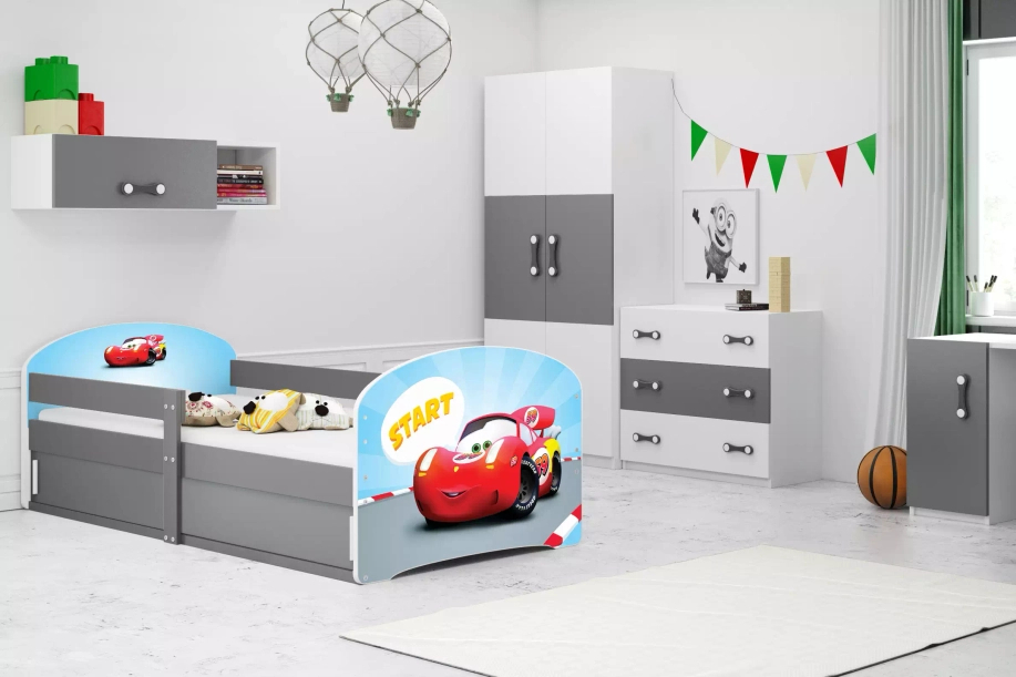 Kinderbett Lucas 1, 80x160, mit Stauraum, Cars, grau