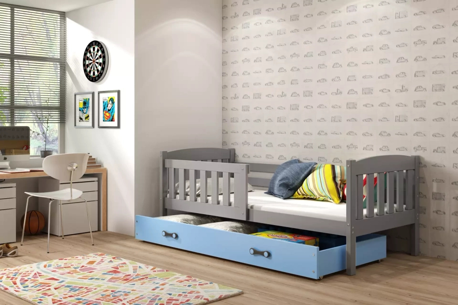 Jugendbett Jakob, 90x190, mit Matratze und Schublade, grau/blau