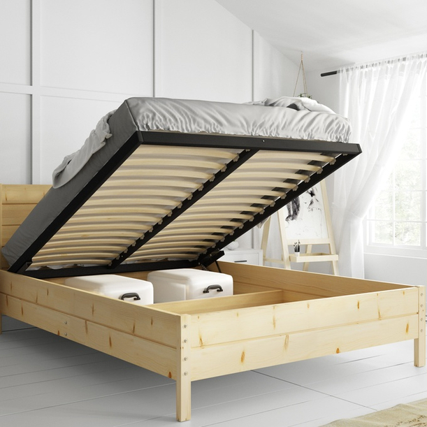 Holz-Bett 140x200 - Kontinentales Kiefernbett mit aufklappbarem Lattenrost