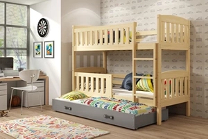 Etagenbett für drei Personen Jakob, 90x200, mit Matratze und Schublade, Kiefer/grau