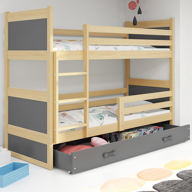 Stockbett für Jugendliche Richard, 90x200, mit Matratze und Schublade, Kiefer/grau