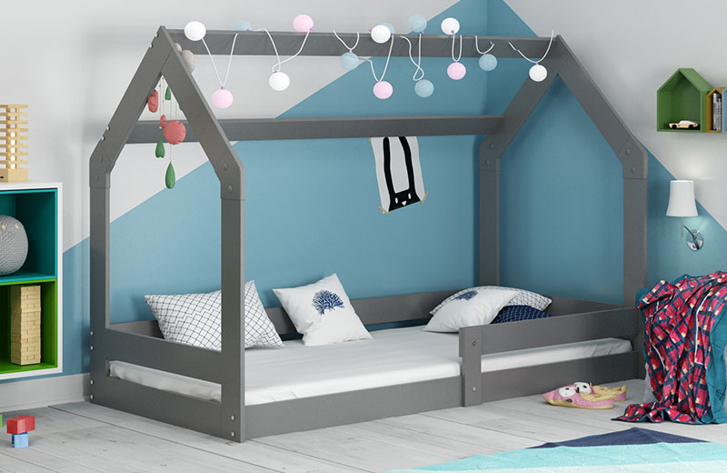 Hausbett 1 für Kinder, 80x160, mit Matratze, grau