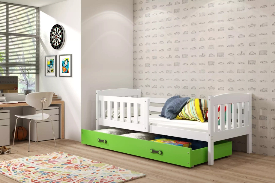 Kinderbett Jakob, 80x160, mit Matratze und Schublade, weiß/grün