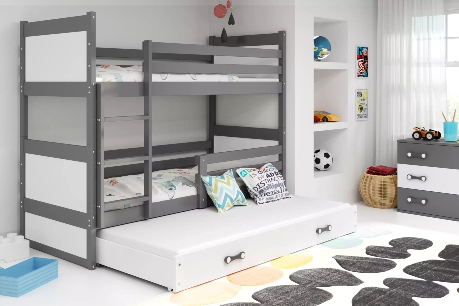 Etagenbett für drei Personen Richard, 90x200, mit Schublade, grau/weiß