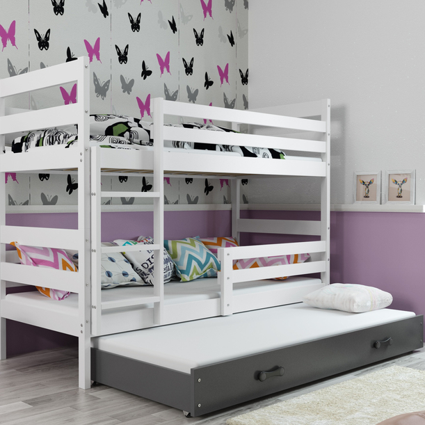 Etagenbett für drei Personen Erik, 90x200, mit Matratze und Schublade, weiß/grau