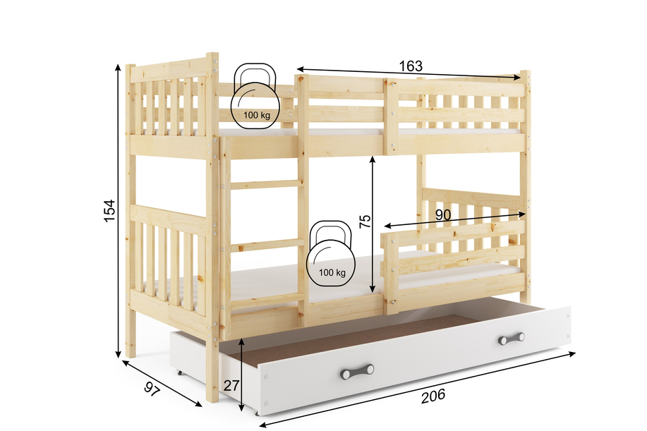 Stockbett für Jugendliche Kacpar, 90X200, mit Schublade, naturholz/weiß