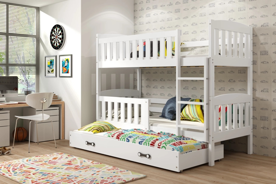 Etagenbett für drei Personen Jakob, 90x200, mit Matratze, Schublade, weiß