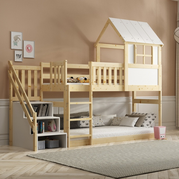 Hochbett-Haus mit Treppe und Dach – Galerie aus Naturholz 90x200