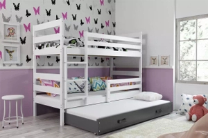 Etagenbett für drei Personen Erik, 90x200, mit Matratze und Schublade, weiß/grau
