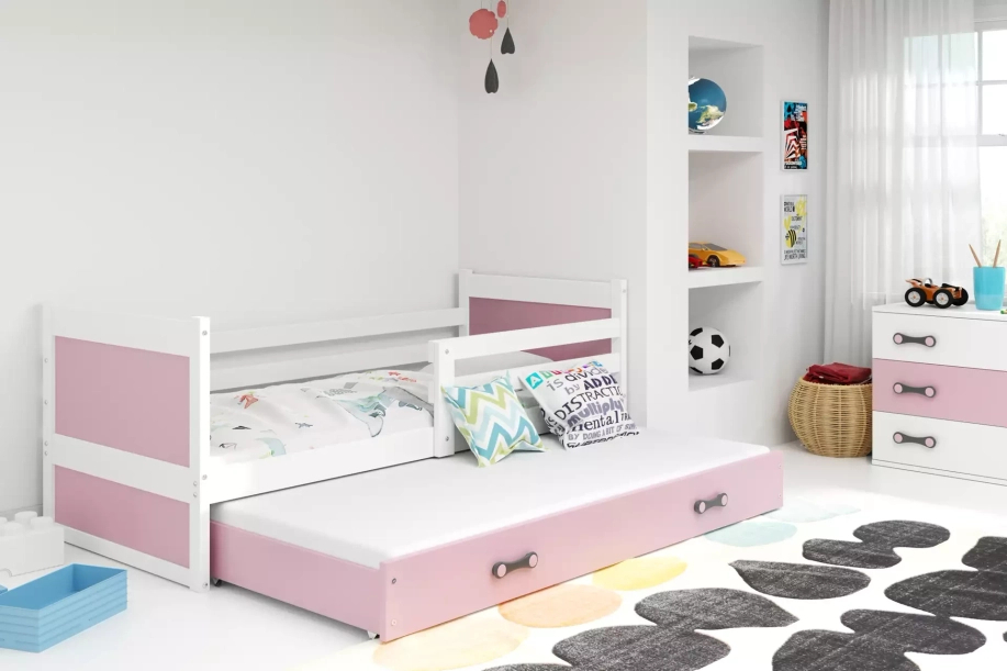 Ausziehbett für Jugendliche Richard, 90x190, mit Matratze und Schublade, weiß/rosa