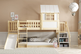 Hochbett-Haus mit Rutsche, Dach und Treppe – Galerie aus Naturholz 90x200