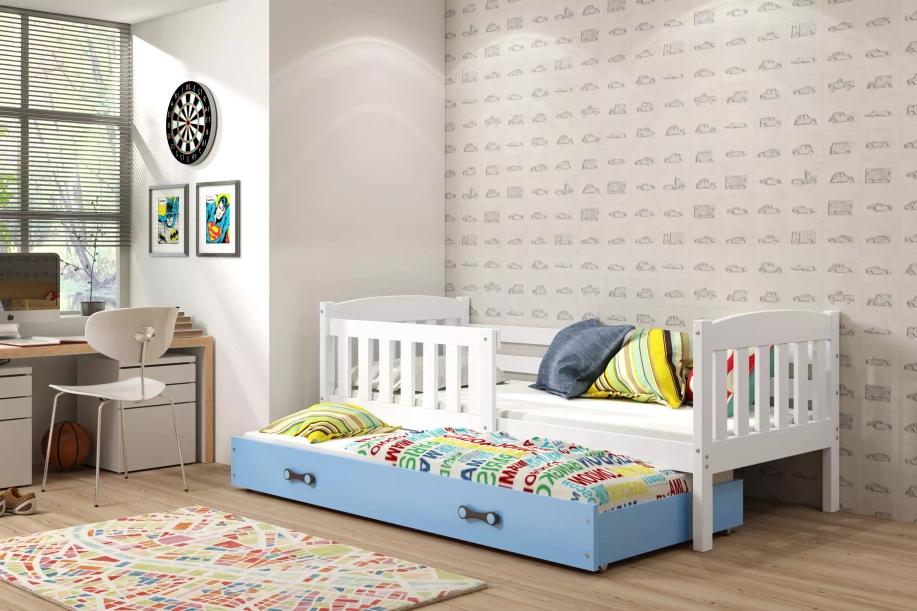 Ausziehbett für Jugendliche Jakob, 90x200, mit Matratze und Schublade, weiß/blau