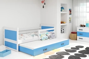 Ausziehbett für Jugendliche Richard, 90x200, mit Matratze und Schublade, weiß/blau