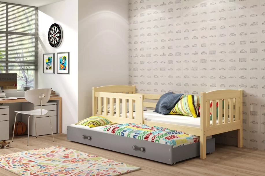 Ausziehbett für Jugendliche Jakob, 90x200, mit Schublade, Kiefer/grau