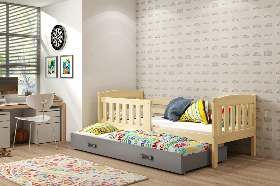 Ausziehbett für Jugendliche Jakob, 80x190, mit Matratze und Schublade, Kiefer/grau