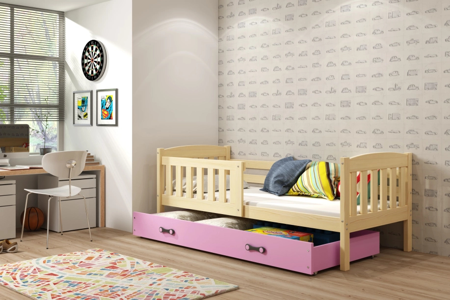Kinderbett Jakob, 80x160, mit Schublade, Kiefer/rosa