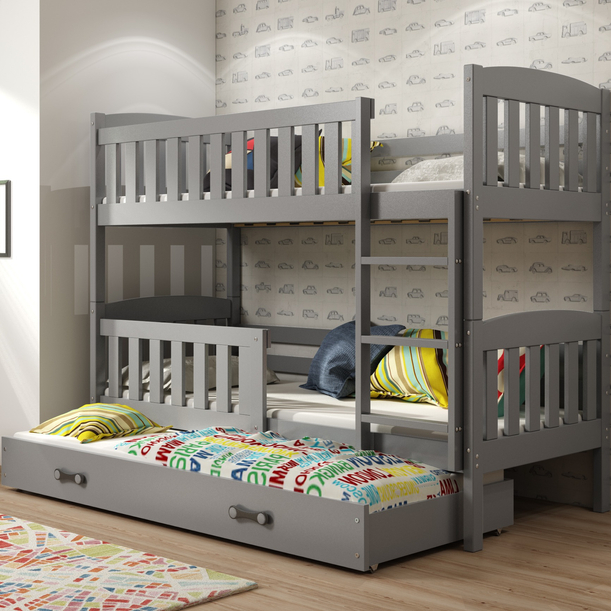 Etagenbett für drei Personen Jakob, 90x200, mit Matratze und Schublade, grau