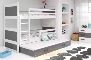Etagenbett für drei Personen Richard, 90x190, mit Schublade, weiß/grau