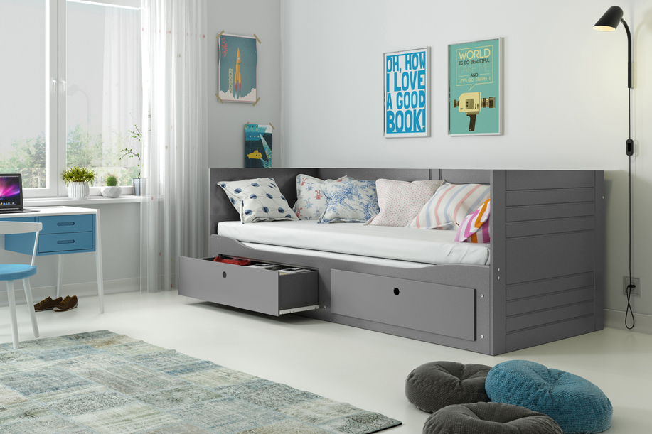 Ausziehbett für Jugendliche Tagesbett Hermes, 80X200 mit Schublade, grau