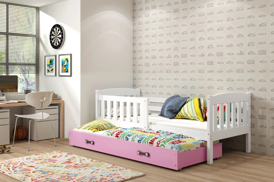 Ausziehbett für Jugendliche Jakob, 90x200, mit Matratze und Schublade, weiß/rosa