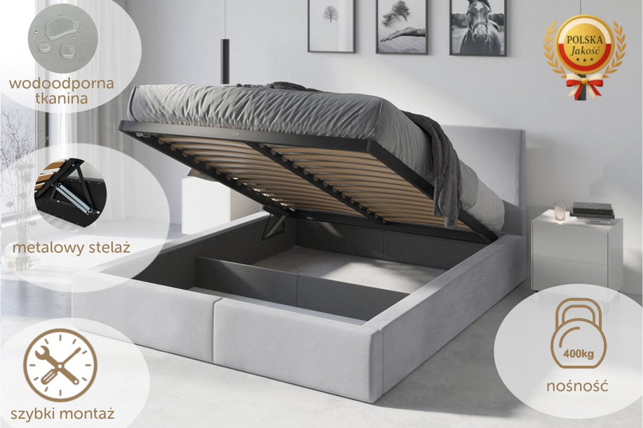 Polsterbett Schlafzimmerbett Doppelbett HILTON 140X200 mit Stauraum, hellgrau