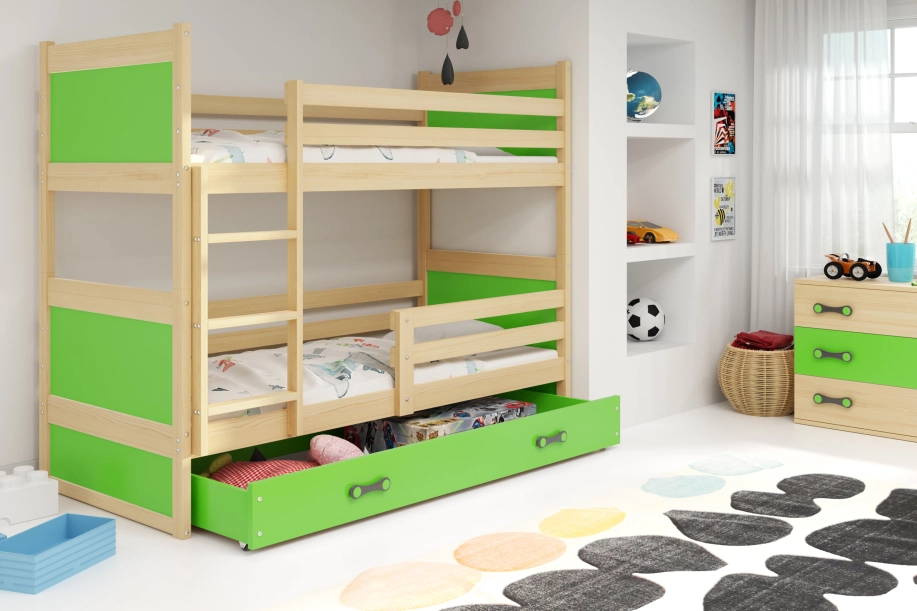 Stockbett für Jugendliche Richard, 90x200, mit Matratze und Schublade, Kiefer/grün
