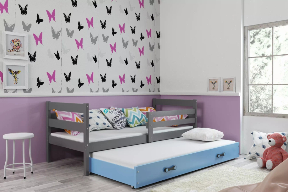 Ausziehbett für Jugendliche Erik, 80x190, mit Schublade, grau/blau