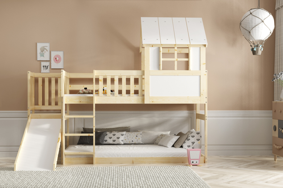 Hochbett mit Rutsche – Haus aus Naturholz 90x200