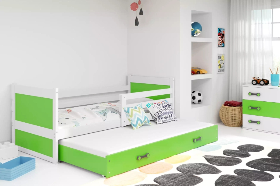 Ausziehbett für Jugendliche Richard,  80x190, mit Matratze und Schublade, weiß/grün