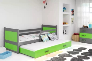 Ausziehbett für Jugendliche Richard, 90x190, mit Matratze und Schublade, grau/grün
