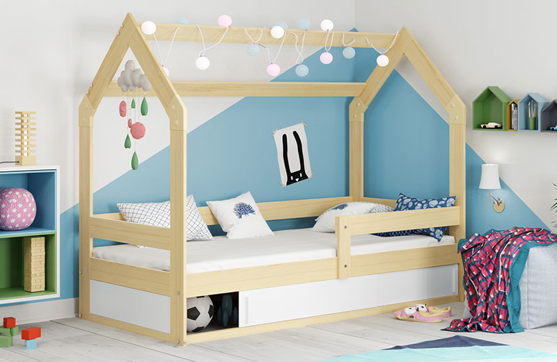 Hausbett für Kinder, 80x160, mit Stauraum, Kiefer