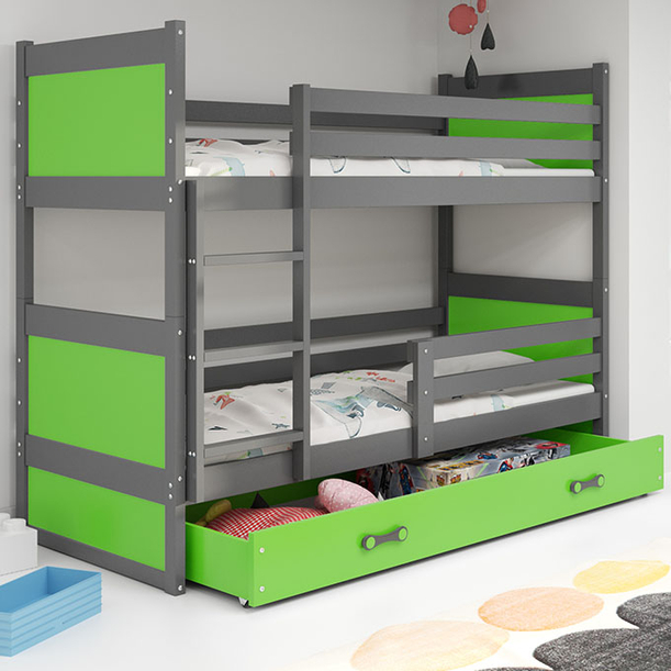 Stockbett für Jugendliche Richard, 90x200, mit Matratze und Schublade, grau/grün