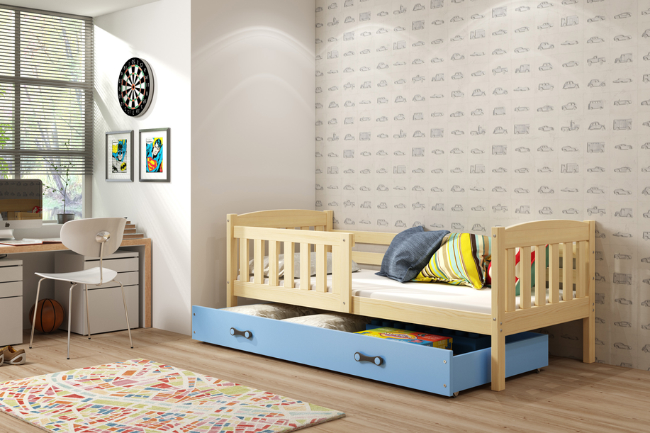 Kinderbett Jakob, 80x160, mit Schublade, Kiefer/blau