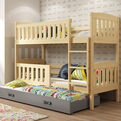 Etagenbett für drei Personen Jakob, 90x190, mit Matratze und Schublade, Kiefer/grau
