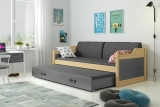 Ausziehbett für Jugendliche David, 90x200, mit Matratze und Schublade, Kiefer/grau