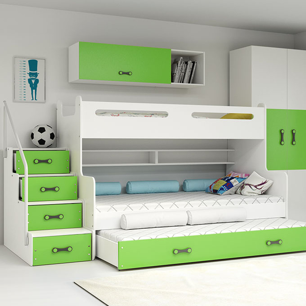 Etagenbett für drei Personen Max 3, 120x200, mit Schublade, grün