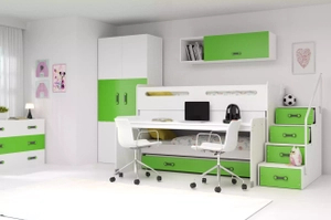 Hochbett für drei Personen Max 1, 80x200, mit Schreibtisch, grün