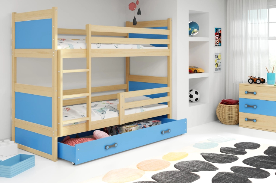 Stockbett für Jugendliche Richard, 90x200, mit Matratze und Schublade, Kiefer/blau