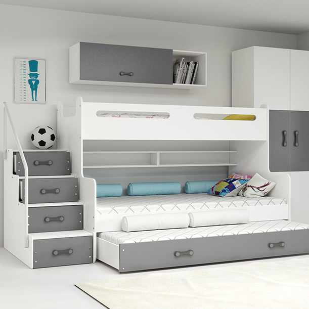 Etagenbett für drei Personen Max 3, 120x200, mit Schublade, grau