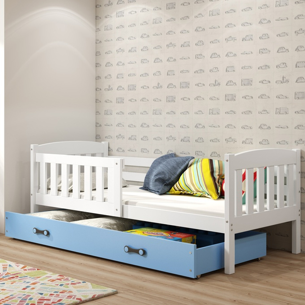 Jugendbett Jakob, 90x190, mit Schublade, weiß/blau